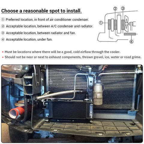 Diagram and installation guide for 16 Row Transmission Oil Cooler Kit With 6AN And 8AN Adapters Stacked Plate Aluminum Alloy Engine Cooler
