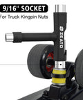 All-in-One Skate Tool Kit For Skateboard Maintenance, showing T Tool with 9/16 inch socket on truck kingpin nut, black.