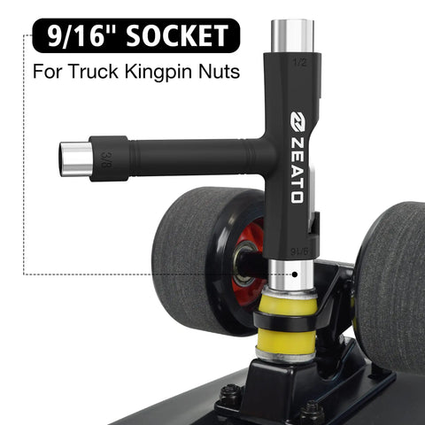 All-in-One Skate Tool Kit For Skateboard Maintenance, showing T Tool with 9/16 inch socket on truck kingpin nut, black.
