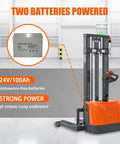 3300 Lbs Full Electric Walkie Stacker Material Lift With Straddle Legs And Adjustable Forks Up To 98 Inches Max Lifting Height showing battery specs.