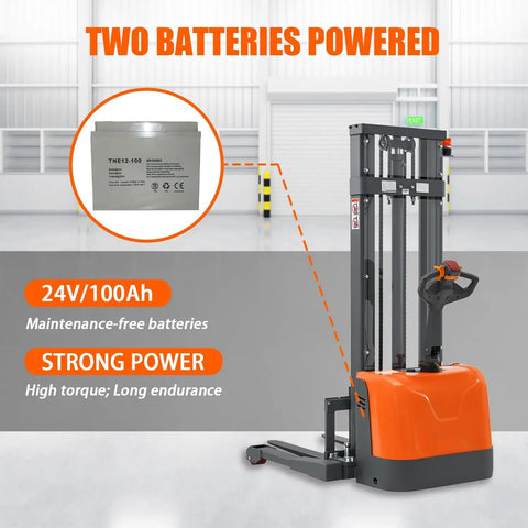 3300 Lbs Full Electric Walkie Stacker Material Lift With Straddle Legs And Adjustable Forks Up To 98 Inches Max Lifting Height showing battery specs.