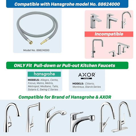 Diagram showing compatibility of 59 Inch Pull Down Kitchen Faucet Hose Replacement with Hansgrohe AXOR models.