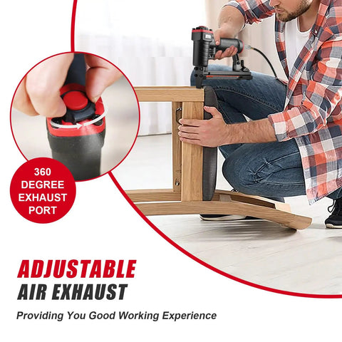 22 Gauge 3/8 Inch Crown Pneumatic Upholstery Stapler For 71 Series Staples in use, highlighting 360 degree adjustable exhaust