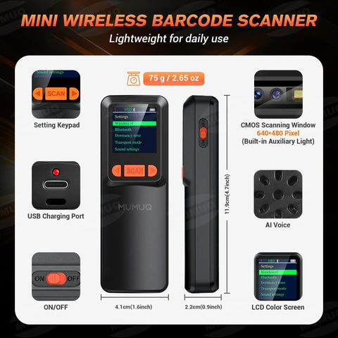Multi Mode Wireless Barcode Scanner With Bluetooth 1D 2D QR Code Reader 3 In 1 USB 2.4G And LCD Screen product front and side view