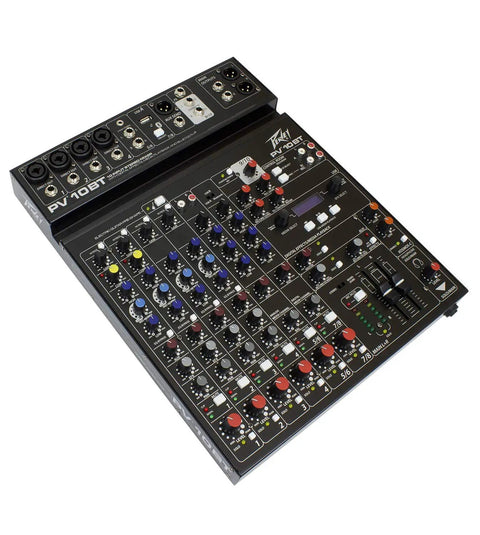 Top view of Two Channel PV 10 BT Bluetooth Compact Mixer With AutoTune Four Direct Outputs Four Mic Preamps, showing control knobs.