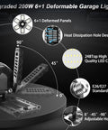 Diagram of Ultra Bright 240W LED Garage Ceiling Light Fixture showing 6+1 panels, LED chips, base, and angles