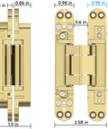 Heavy Duty Hidden Door Hinges 2 Pack Gold Finish showing dimensions, 6 inch size, made of zinc alloy, suitable for seamless wall installations.