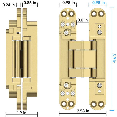 Heavy Duty Hidden Door Hinges 2 Pack Gold Finish showing dimensions, 6 inch size, made of zinc alloy, suitable for seamless wall installations.