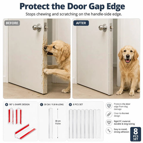 Doggo Approved Door Frame Guards Eight Pack Clear L Shaped Edge Protectors shown protecting door edges from dog damage.