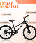 Kids Mountain Bike 20 And 24 Inch For Ages 6 To 12, 7 Speed Drivetrain, Suspension Fork, Dual Disc Brakes, assembly steps shown