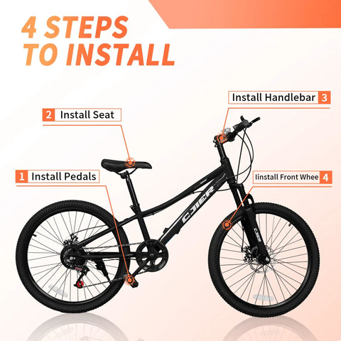Kids Mountain Bike 20 And 24 Inch For Ages 6 To 12, 7 Speed Drivetrain, Suspension Fork, Dual Disc Brakes, assembly steps shown