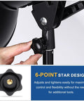 Close-up of Grippy Five Pack Star Knobs With 1/4 Inch Female Thread, 38mm 6 Point Plastic Head Brass Insert in use on black equipment stand.