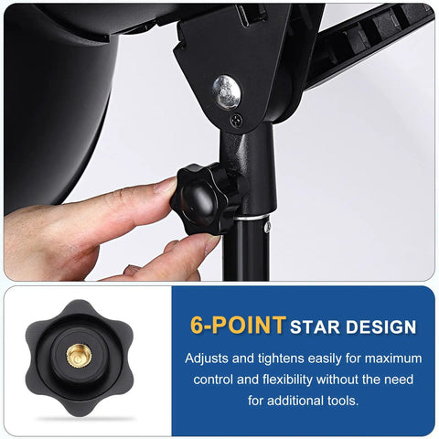 Close-up of Grippy Five Pack Star Knobs With 1/4 Inch Female Thread, 38mm 6 Point Plastic Head Brass Insert in use on black equipment stand.