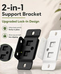 2-in-1 support bracket with upgraded lock-in design, including black and white options, shown on a tabletop with highlighted features.