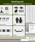 Space Saving Bi Fold Barn Door Kit 64 by 84 Inches White with hardware, door panels, and assembly accessories with manual.