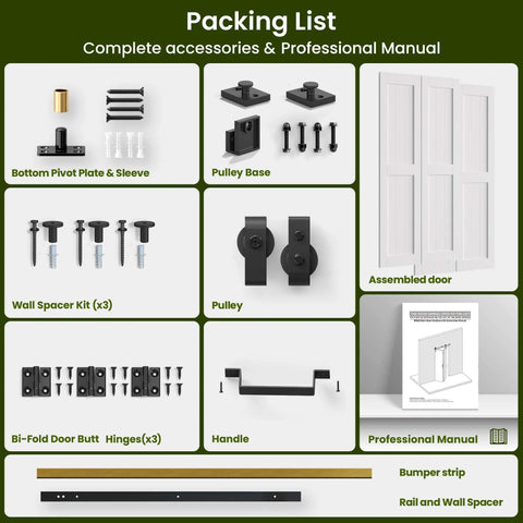 Space Saving Bi Fold Barn Door Kit 64 by 84 Inches White with hardware, door panels, and assembly accessories with manual.