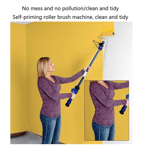 Self Priming Paint Roller With 1.6 Meter Extension Pole Removable Wool Core for smooth coating on yellow wall.
