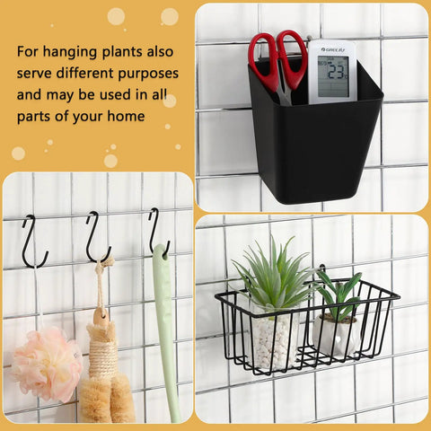 Dope Grid Wall Organizer Set With 3 Black Metal Mesh Baskets, 6 Plastic Hanging Cups, 18 S Hooks And Mounting Hardware For Wall Mounted Kitchen, Bathroom, Pantry And Office Storage showing hanging plants and tools