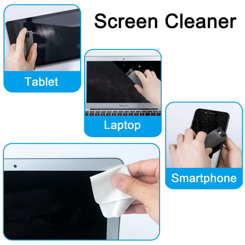2 In 1 Screen Cleaner Kit With Mist Spray And Refill Microfiber Cloth cleaning tablet, laptop, and smartphone screens.