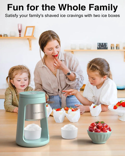 Fun for the whole family enjoying shaved ice from the Cool Blue 130W Electric Shaved Ice Machine And Snow Cone Maker.