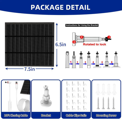 Package contents for Outdoor Camera Solar Panel Charger 5W 5V With USB C And Plug, includes bracket, cable, and screws.