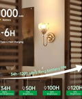 Two Pack Vintage Battery Powered Wall Sconces With 5000mAh Rechargeable Battery Remote Control Dimmable Tulip Amber Shades Wireless Easy Install For Bedroom Living Room And Bathroom shown on wall with battery life and brightness levels.