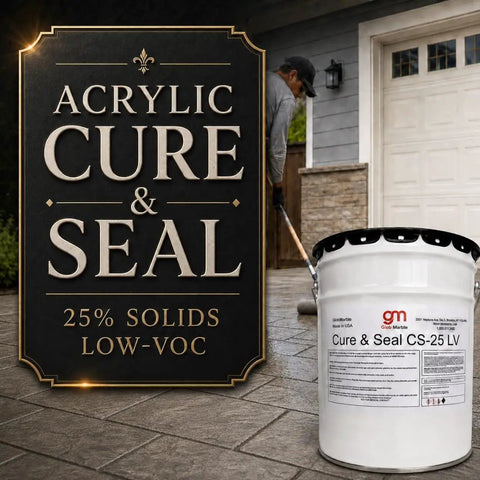 Professional Acrylic Concrete Cure And Seal For Pool Decks And Garages 5-gallon container with applicator on concrete.
