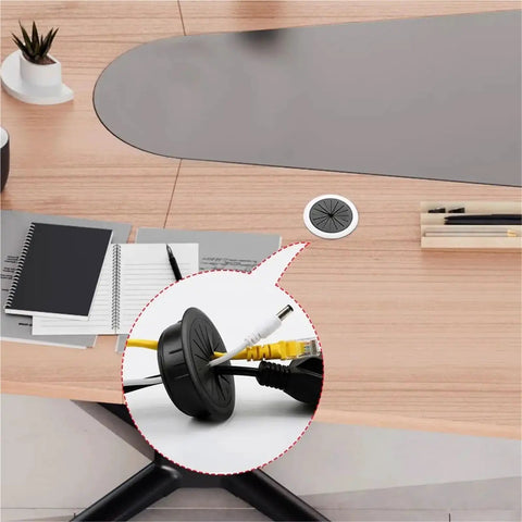 Slick 18 Pc Desk Wire Grommet Kit With Tough Abs And Rubber Rings For Organizing Cables Under Office Tables And Keeping Workspaces Super Clean And Cable Safe. desk cable grommet in black ABS with rubber ring for cable routing