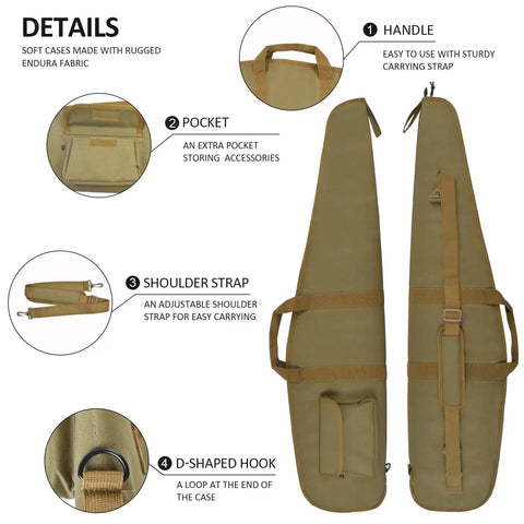 Soft Hunting Gear Case For Outdoors And Scopes, Padded Tactical Equipment Bag, adjustable sling, pockets, khaki, 52 inch, ideal for rifles