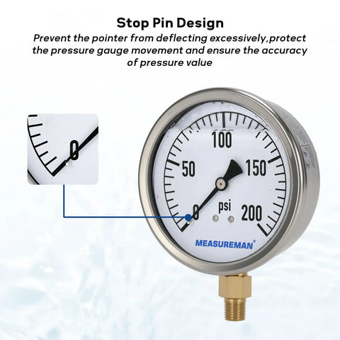 Glycerin Filled Plumbing Pressure Gauge 0 To 200 Psi With Four Inch Dial Stainless Steel Case One Quarter Inch NPT Brass Lower Mount Heavy Duty For Pneumatic Tools Water Filtration And Industrial Hydraulics