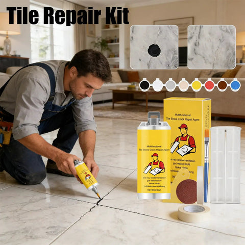 Fast Dry Tile Repair Glue Kit For Cracks Chips And Gaps On Ceramic Porcelain Floor And Wall Tile Surfaces Waterproof Quick Set Adhesive Beginner Friendly DIY Fix For Stone And Tile Cracks displayed with pigments and tools