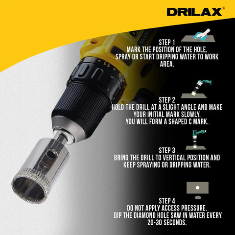 Image of a 5/8 inch diamond drill bit with a guide for use. Focus: Five Eighth Inch Diamond Drill Bit For Glass Tile Ceramic Porcelain And Granite Countertops.