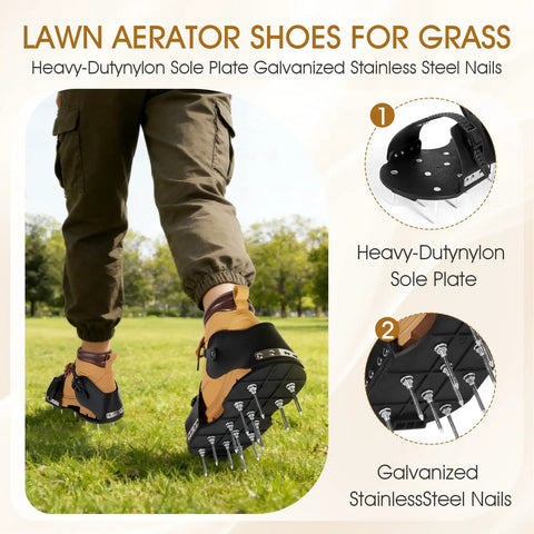 Person wearing Lawn Aerator Shoes with Spikes for Grass 5mm Metal Base, adjustable straps, in garden for yard work.