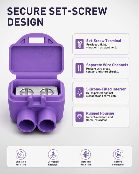 Heavy Duty Two Port Wire Connectors For Aluminum To Copper Rock Solid Screw Terminals Pre Loaded With Anti Oxidant Compound Foolproof Job For Home Repairs 20 Pack in purple housing with silicone-filled interior.