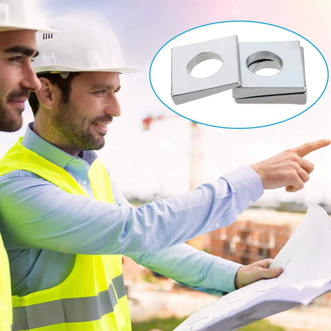 Engineers viewing Beveled Square Washers Set Of Six For Leveling One Half Inch Inner Diameter And One And One Eighth Inch Outer Diameter Thick From Two To Six Point Six Millimeter Plain Carbon Steel Galvanized Shims In Silver Finish DC CLISENCE.