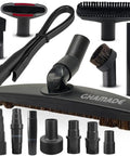 Versatile Vacuum Attachments And Brush Kit For Most Vacuums With Hardwood Floor Brush Head and various adapters, shown in black