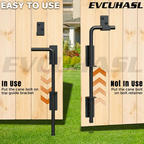 Keep Your Backyard Gate Locking Down Tight With This Straight Up Tough 12 Inch Cane Bolt Drop Rod Solid Steel Security Stopper For Wood Metal Vinyl Fences No Rust Just A Ridiculously Strong Ground Latch That Works Like A Champ with cane bolt in use and not in use on wooden fence.