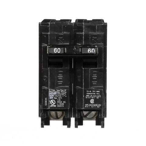 Q260 60 Amp Double Pole QP Circuit Breaker 240V Black For Electrical Panels Insta Wire Ready 10,000 AIC Interrupting Rating Easy Plug-In In Load Centers Heavy Duty Safe Home And Garage Power Upgrade front view