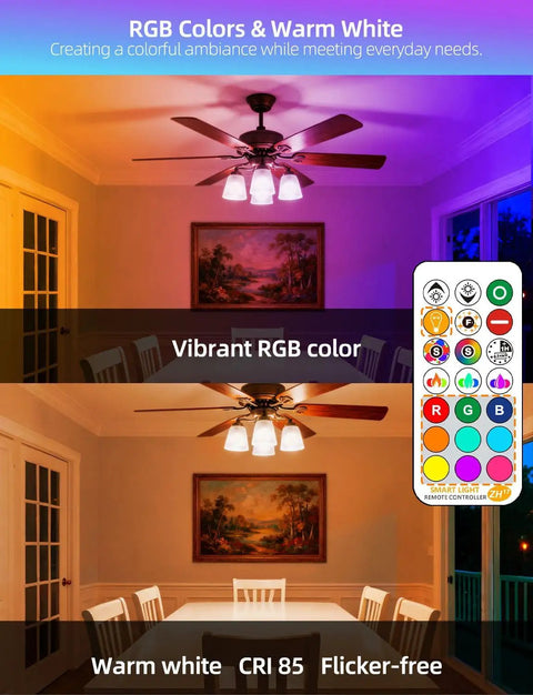 Lit Color Changing LED Bulb With Remote RGB 6 Modes Dimmable E26 Base illuminating room in warm white and vibrant RGB colors.