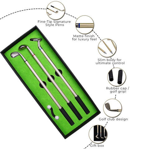 Golf Pen Desktop Game For The Office Hilarious Gift For Golf Lovers, Coworkers, And Bosses showing three pen golf clubs in box