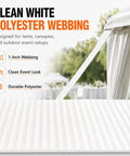 Close-up of clean white polyester webbing for outdoor event setups, showing 1-inch width, featuring light texture.