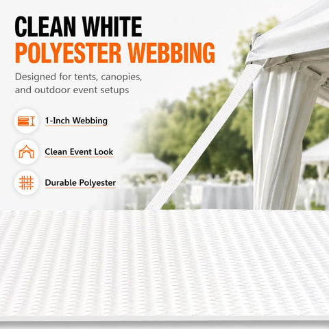 Close-up of clean white polyester webbing for outdoor event setups, showing 1-inch width, featuring light texture.