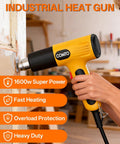Hand using 1600W Heat Gun With Dual Temp Settings And Quick Heat For Delicate Crafts And Heavy Duty Jobs on wooden surface