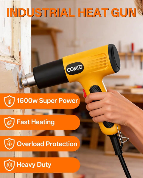 Hand using 1600W Heat Gun With Dual Temp Settings And Quick Heat For Delicate Crafts And Heavy Duty Jobs on wooden surface