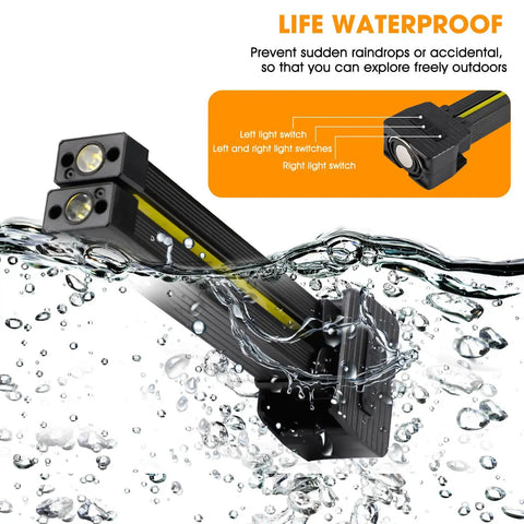 Waterproof On The Go Magnetic LED Gym Light For Posing And Camping submerged in water showing dual LED lights and switches
