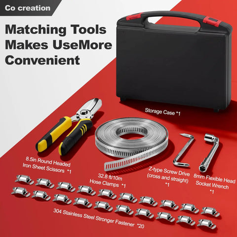 Cut To Fit Stainless Steel Hose Clamps Kit With 32.81 Ft Metal Strap And 20 Fasteners Worm Gear Drive Clamp, tools displayed