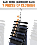 Seven Loop Metal Closet Hanger Chain 10 Pack Space Saving Hangers Holds Seven Garments In One Compact Vertical Design Dorm Room Essentials For Home Office Travel Cruise Ship Storage, showing hanger with seven loops holding pants.