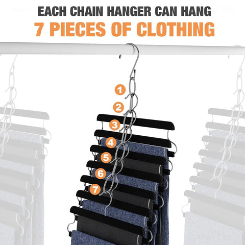 Seven Loop Metal Closet Hanger Chain 10 Pack Space Saving Hangers Holds Seven Garments In One Compact Vertical Design Dorm Room Essentials For Home Office Travel Cruise Ship Storage, showing hanger with seven loops holding pants.