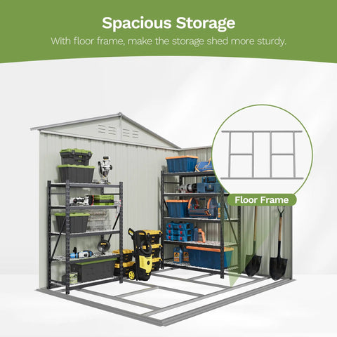 8x6 Ft Outdoor Storage Shed With Floor Frame showing metal structure, sloped roof, and shelving for garden tools, Brown