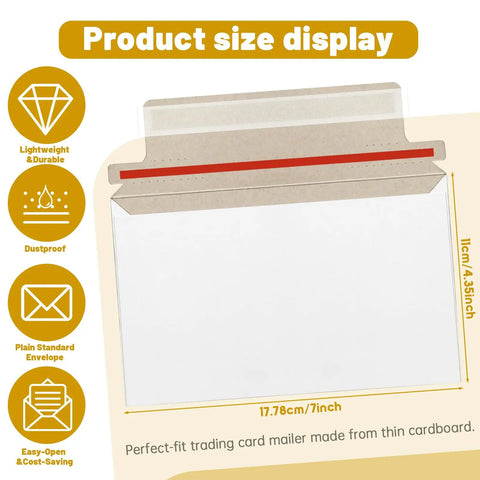 110 Pack White Trading Card Shipping Envelopes 7x4.35 Inch Self Adhesive Mailers with size illustration